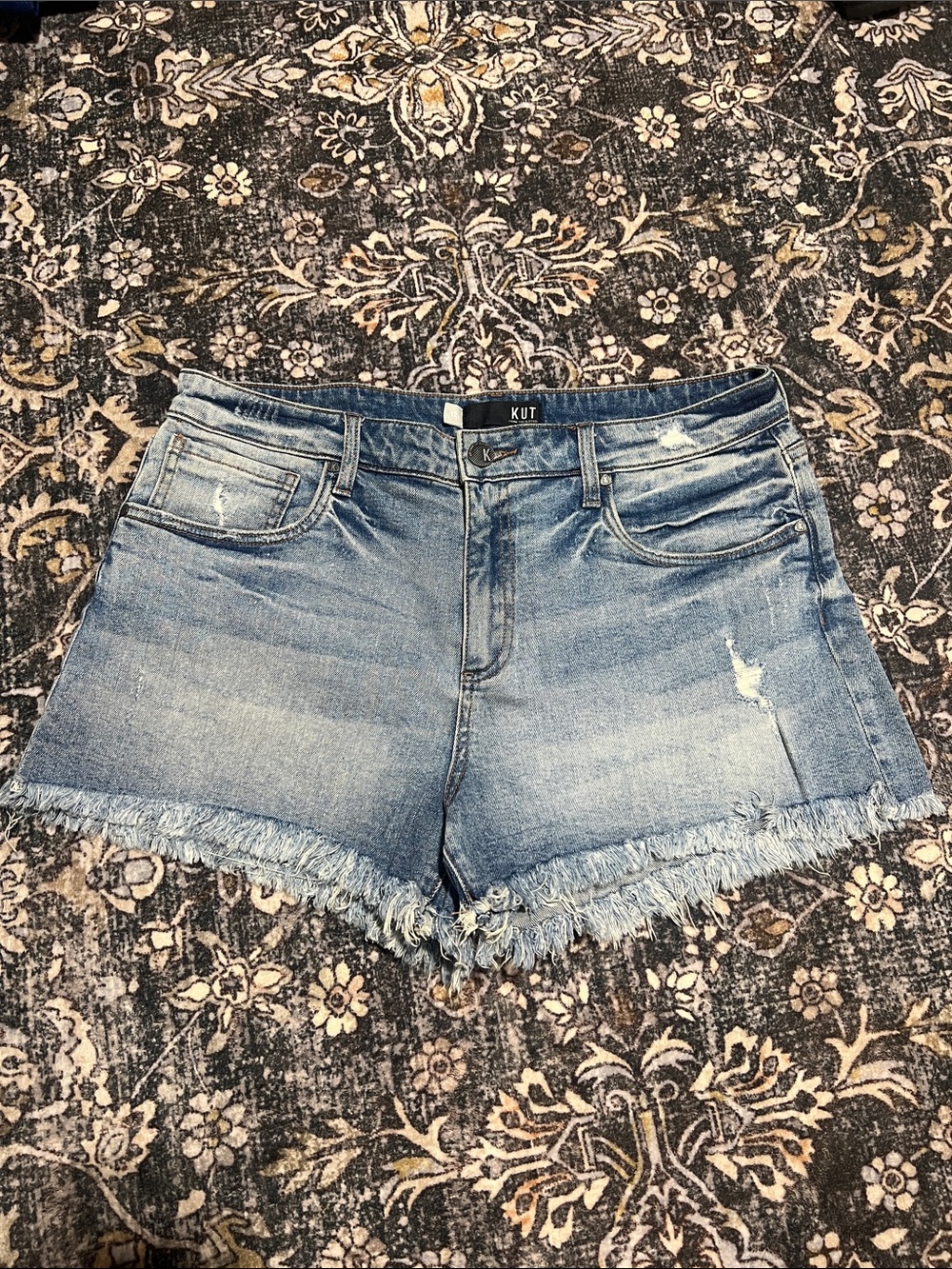 Kut from the Kloth High Rise Jane Light Wash Frayed Hem Denim Shorts